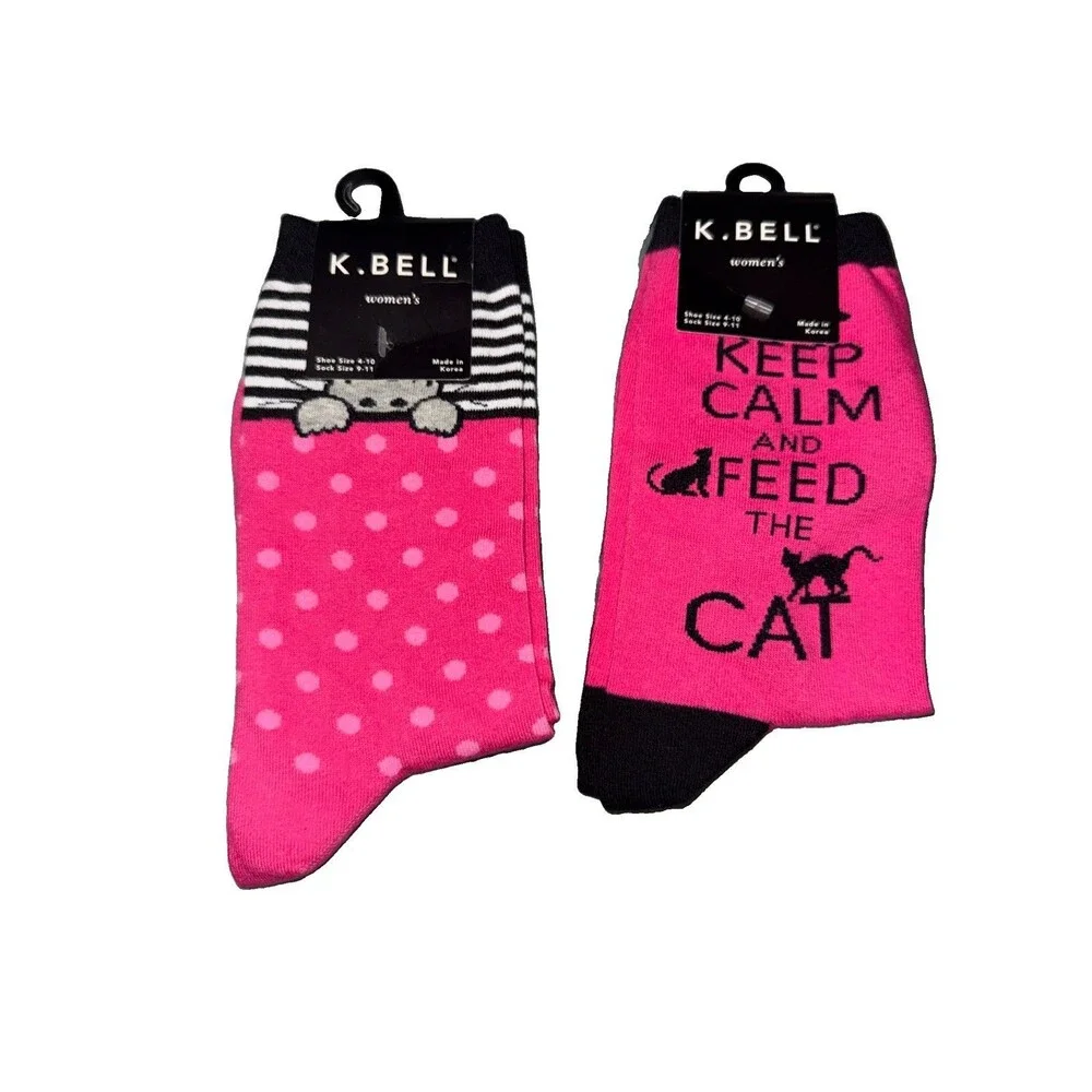 K Bell Womens Cat Crew Socks Lot 2 Pink Novelty Kitty Shoe Size 4-10 New